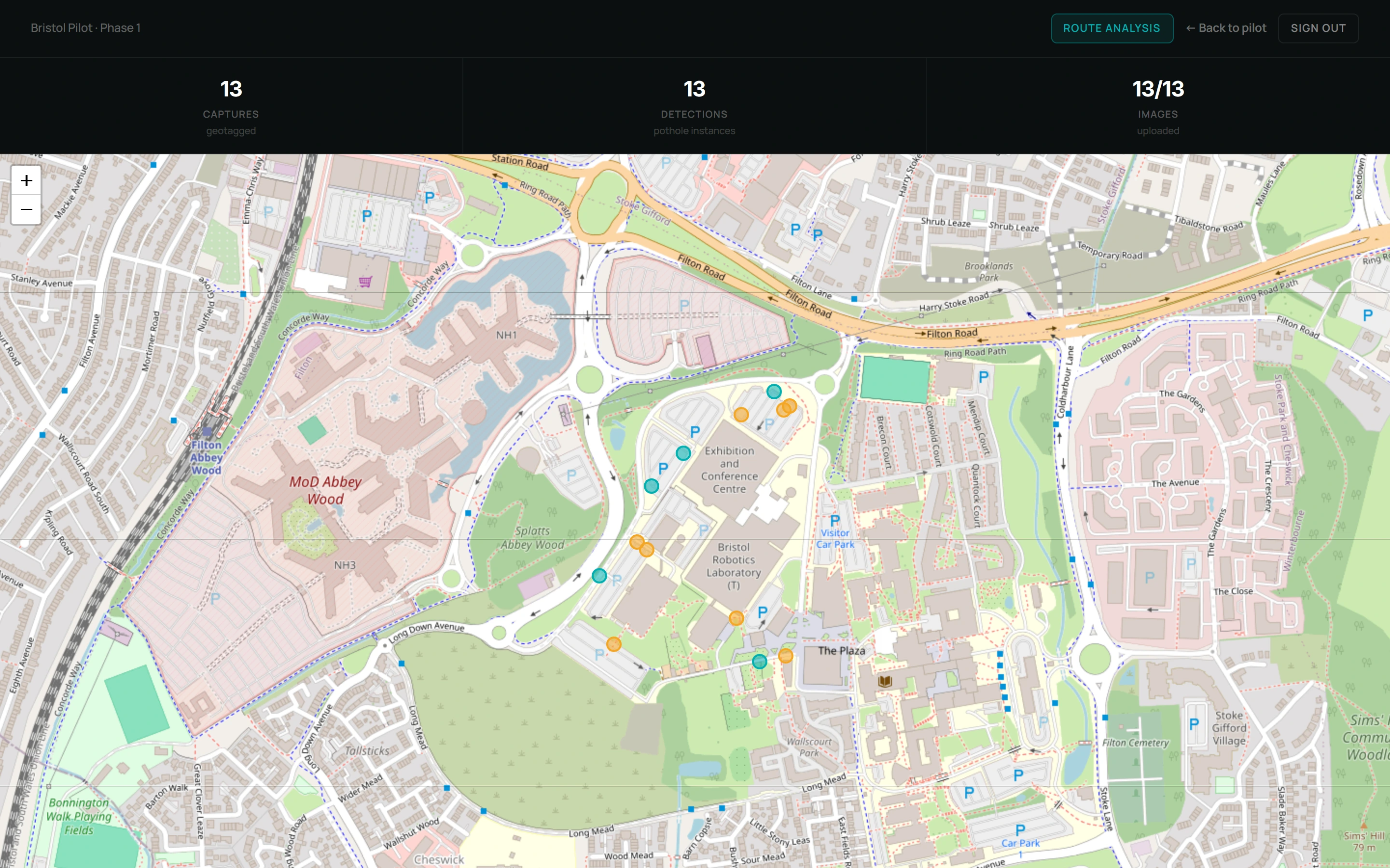 The Bristol pilot dashboard: a map of the pilot zone with thirteen geotagged road-defect captures marked in teal, amber and red, above a strip counting captures, detections and uploaded images.